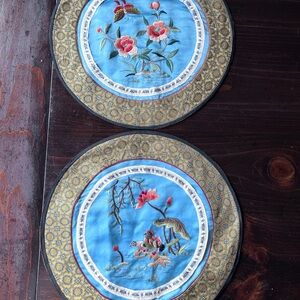 Vintage Handcrafted Blue Embroidered Floral Wall Art Pair